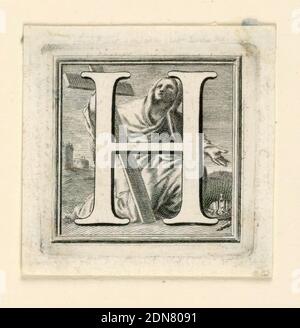 Decorated Capital Letter H, Jakob Frey, Swiss, active Italy, 1681 - 1752, Giovanni Passari, Italian, Engraving on paper, Letter H before St. Helen, kneeling with the Cross., Rome, Italy, ca. 1715, ephemera, Print Stock Photo
