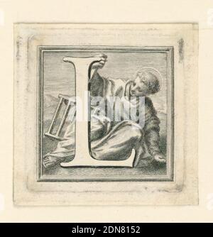 Decorated Capital Letter L, Jakob Frey, Swiss, active Italy, 1681 - 1752, Giovanni Passari, Italian, Engraving on paper, Letter L, before St. Laurence, seated on the ground, holding the grill., Rome, Italy, ca. 1715, ephemera, Print Stock Photo