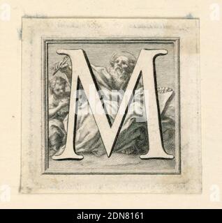 Decorated Capital Letter M, Jakob Frey, Swiss, active Italy, 1681 - 1752, Giovanni Passari, Italian, Engraving on paper, Letter M before St. Matthew holding his pen over the inkstand which is held by the angel., Rome, Italy, ca. 1715, ephemera, Print Stock Photo