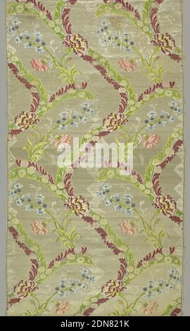Textile, Medium: silk Technique: plain compound satin, brocaded, Scrolls of flowers in an allover design of carnations and hyacinths in rose, blue and green on an off-white ground., France, 1700–1775, woven textiles, Textile Stock Photo