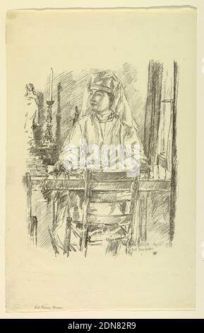 Red Cross Nurse, Childe Hassam, American, 1859–1935, Lithograph on paper, A Red Cross nurse sits at a table, facing frontally, her head turned to the left., USA, 1918, figures, Print Stock Photo