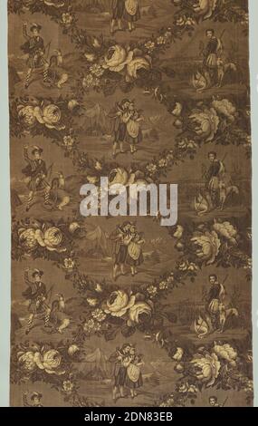 Textile, Medium: cotton Technique: printed by engraved roller on plain weave, Diamond grid of floral rope containing 4 different scenes; hawking, hunting, and Tyrollean idyll., France, 1840s, printed, dyed & painted textiles, Textile Stock Photo