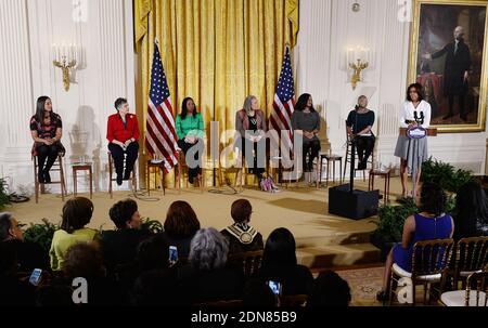 First Lady Michelle Obama delivers remarks as (L-R) Janaye Ingram, National Executive Director of the National Action Network, Charlotta Walls, member of the Little Rock Nine, Sherrillyn Ifill, President and Director-Counsel of the NAACP Legal Defense and Educational Fund, Charlayne Hunter-Gault, activist and journalist, Chanelle Hardy, National Urban League Senior Vice President, Vanessa DeLuca, Editor-in-chief of Essence Magazine look on at 'Celebrating Women of the Movement', an event honoring Black History Month, at the White House in Washington, DC, USA February 20, 2015. Photo by Olivier Stock Photo