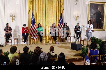 First Lady Michelle Obama delivers remarks as (L-R) Janaye Ingram, National Executive Director of the National Action Network, Charlotta Walls, member of the Little Rock Nine, Sherrillyn Ifill, President and Director-Counsel of the NAACP Legal Defense and Educational Fund, Charlayne Hunter-Gault, activist and journalist, Chanelle Hardy, National Urban League Senior Vice President, Vanessa DeLuca, Editor-in-chief of Essence Magazine look on at 'Celebrating Women of the Movement', an event honoring Black History Month, at the White House in Washington, DC, USA February 20, 2015. Photo by Olivier Stock Photo