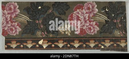 Border, Block-printed on paper, Peony-like flowers alternating with berry foliage. Bottom edging consists of fans alternating with dots and striped bands., France, 1830–40, Wallcoverings, Border Stock Photo