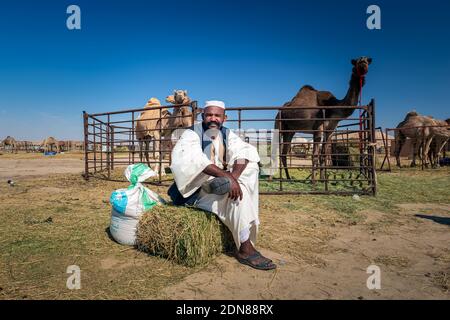 The Traditional Camel Shepherd standing in front of their camel in Al Sarar desert area -Saudi Arabia. 17-Jan-2020. Stock Photo