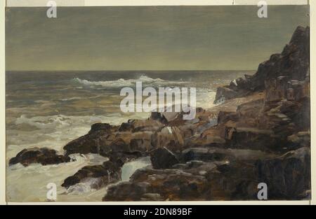 Rocky Seashore, Maine, Frederic Edwin Church, American, 1826–1900, Brush and oil paint, graphite on cream-colored paperboard, Horizontal view of rocky Maine coast with breaking waves in right foreground and sea in the distance., Maine, USA, ca. 1860, seascapes, Drawing Stock Photo