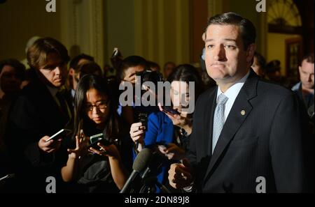 File photo : Sen. Ted Cruz (R-TX) speaks to the media after Senate leaders have annonced a deal to end government shutdown at the U.S. Capitol October 16, 2013 in Washington, DC, USA. Republican Senator Ted Cruz has confirmed that he is running for the US presidency in 2016, becoming the first Republican to declare his campaign. The 44-year-old Texan is to set out his plans in detail in a speech at Liberty University in Virginia on Monday. Photo by Olivier Douliery/ABACAPRESS.COM Stock Photo