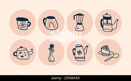 Highlights covers, posts and stories for social media. Round icons of kitchen utensils mug, kettle, coffee maker, cake in beige and blue. Vector flat Stock Vector