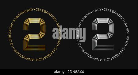 2th birthday.Two years anniversary celebration banner in golden and silver colors. Circular logo with original numbers design in elegant lines. Stock Vector