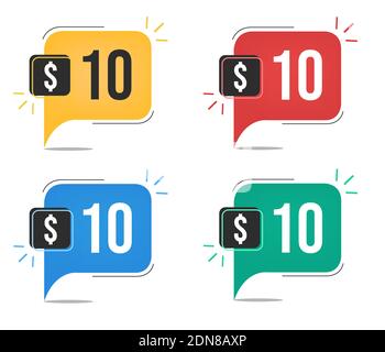 10 dollar price. Yellow, red, blue and green currency tags. Balloon concept with ten dollars for sales. Stock Vector