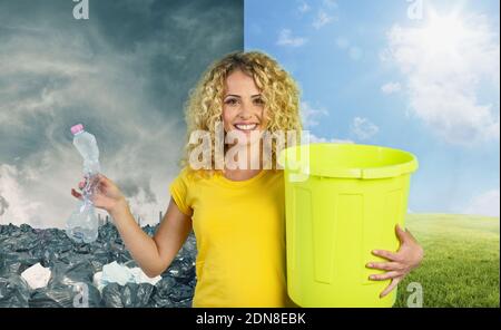 Woman is ready to puts a plastic bottle in the garbage can. Change from pollution to a clean planet. Stock Photo