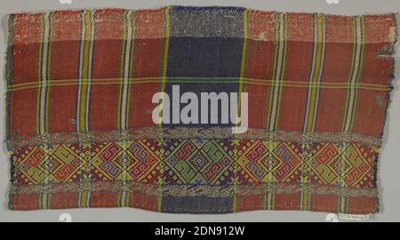 Textile, Medium: wool, silk, cotton, linen, silver foil on silk core (1952) Technique: evensided twill; fancy twill on band (1952), Rectangle of plaid with broad central vertical blue band and widely spaced horizontal and vertical stripes in green, yellow, blue, white, on a dark red ground. Horizontal band near bottom with geometrical pattern of diamond S-shapes in cerise, red, yellow, blue, green, purple, white and black twill., Romania, 18th–19th century, woven textiles, Textile Stock Photo