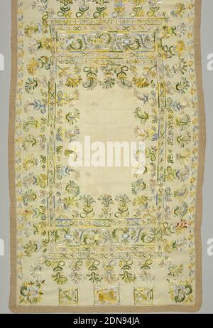 Table cover, Medium: linen, silk Technique: embroidered in satin and chain stitch, Cream-colored linen table cover, with wide border designs worked in polychrome silks of pale green, yellow, pale rose, light blue, dark blue and dark green. Edged with border of dark green needle lace. Design made up of detached motifs of a leaf or feather pattern, much used in Spanish embroidery; at ends on inner border of curving vines enclosing birds holding flower in beak, and crowned lion. Stitches, largely satin stitch; bodies of animals outline in contrasting colors in chain stitch. Soft floss silk Stock Photo