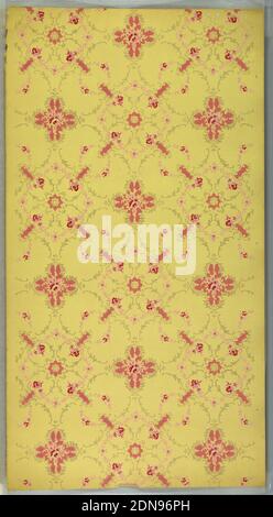 Ceiling paper, Machine-printed paper, liquid mica, Pink rose trellis with floral medallion centers. Adorned with foliate scrolls and floral swag. Yellow ground. Printed in pinks, red and white liquid mica., USA, 1905–1915, Wallcoverings, Ceiling paper Stock Photo