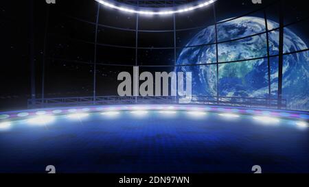 Trip to space concept virtual show stage background, ideal for tv shows, commercials or events. A 3D rendering, suitable on VR tracking system sets Stock Photo