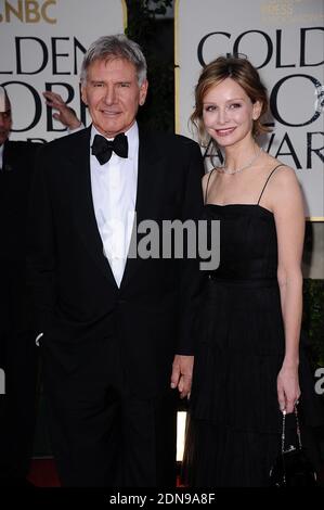 File photo : Harrison Ford and Calista Flockhart arriving for the 69th Annual Golden Globe Awards Ceremony, held at the Beverly Hilton Hotel in Los Angeles, CA, USA on January 15, 2012. The 72-year-old, star of the Indiana Jones and Star Wars films, reported engine failure and crash-landed his vintage plane on a Venice golf course in Los Angeles. He was breathing and alert when medics arrived and took him to hospital in a 'fair to moderate' condition, a fire department spokesman said. Photo by Lionel Hahn/ABACAPRESS.COM Stock Photo