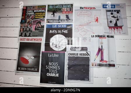 The front pages of Belgian national newspapers reporting the terror attack at the Paris offices of French satirical magazine Charlie Hebdo killing 12 people, in Brussels, Belgium on Thursday January 8, 2015. Photo by Audrey Poree/ABACAPRESS.COM Stock Photo