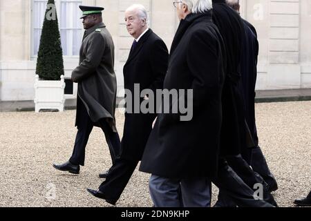 Edouard Balladur leaves the Elysee Presidential Palace on January 11, 2015 in Paris prior to take part to the demonstration in tribute to the 17 victims of a three-day killing spree by homegrown Islamists. The killings began on January 7 with an assault on the Charlie Hebdo satirical magazine in Paris that saw two brothers massacre 12 people including some of the country's best-known cartoonists, the killing of a policewoman and the storming of a Jewish supermarket on the eastern fringes of the capital which killed 4 local residents. Photo by Stephane Lemouton/ABACAPRESS.COM Stock Photo