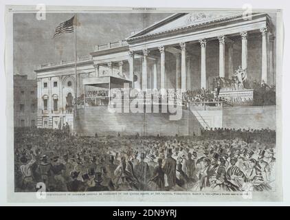 The Inauguration of Abraham Lincoln as President of the United States at the Capitol, Washington, D.C., March 4, 1861, from Harper's Weekly, March 16, 1861, pp. 168-169., Wood engraving in black ink on newsprint paper, Horizontal scene before the Capitol building showing Lincoln addressing the audience from a specially constructed platform in front of the entrance to the Rotunda, with crowds visible in the foreground., November 16, 1861, graphic design, Print Stock Photo