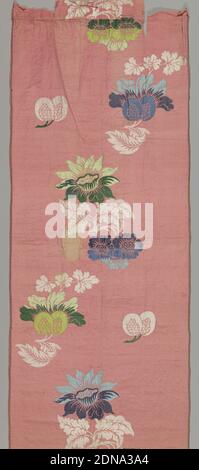 Textile, Medium: silk Technique: plain weave with supplementary weft, Polychrome flowers and fruit facing in alternate directions on a pink background., 1700–1750, woven textiles, Textile Stock Photo