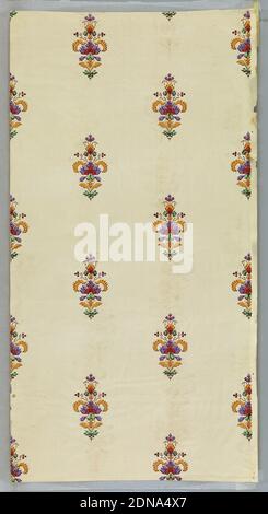 Sidewall, Machine-printed on paper, On striped light salmon ground, staggered foliate motifs in yellow, red, green, and purple., possibly USA, 1850–75, Wallcoverings, Sidewall Stock Photo