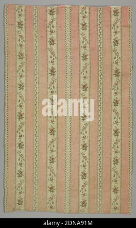 Fragments, Medium: silk Technique: plain weave with supplementary warp floats., Pink and white striped fabric with floral sprigs., 1750–1800, woven textiles, Fragments Stock Photo