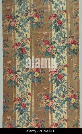 Textile, Medium: cotton Technique: woodblock printed on plain weave, glazed, Large-scale flowers printed in red, blue, green, purple, and yellow on a tan striped ground., England, ca. 1860, printed, dyed & painted textiles, Textile Stock Photo
