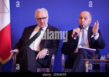 French chef Alain Ducasse and French Minister of Foreign Affairs and International Development Laurent Fabius attending a press conference for 'Gout de France/Good France' held at the Ministery of Foreign Affairs, in Paris, France on January 21, 2015. Photo by Audrey Poree/ABACAPRESS.COM Stock Photo