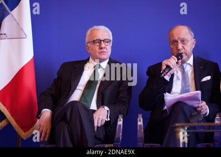 French chef Alain Ducasse (L) and French Minister of Foreign Affairs and International Development Laurent Fabius attending a press conference for 'Gout de France/Good France' held at the Ministery of Foreign Affairs, in Paris, France on January 21, 2015. Photo by Audrey Poree/ABACAPRESS.COM Stock Photo