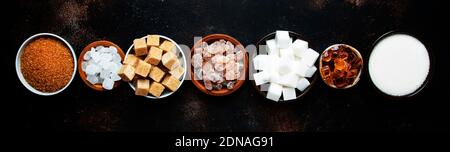 Different kinds of sugar in the assortment, top view Stock Photo