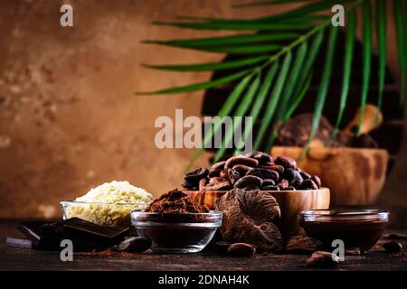 Various organic cocoa products. Cocoa beans, cocoa powder, cocoa butter, dark chocolate, liquid chocolate, grated cocoa on wooden background. Copy spa Stock Photo