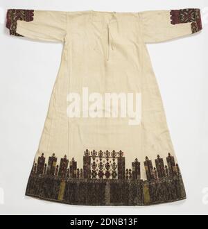 Dress, Medium: silk embroidery on cotton foundation Technique: embroidered on plain weave foundation, Long dress of heavy white cotton, straight sleeve, body flares slightly at hem as long, wedge-shaped pieces are sewn in from under arm to hem. Ornamented at the hem with a deep border of embroidery in black, brown, olive green and red. Design is highly stylized: at bottom, solidly worked from 6 3/4 inches in narrow bands of zigzag patterns; above, an arrangement of pillar-like forms and stylized plants, with a plant at the top of each pillar, so that the whole suggests a wall. Stock Photo