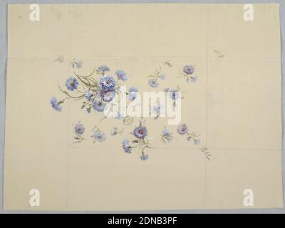 Designs for Wallpaper and Textiles: Flowers, Brush and gouache, graphite on cream paper, Cluster of blue flowers at bottom left, diagonal facing upward right. Same blue flowers appear oriented various ways, appear to be falling. All flowers have stems and foliage., France, 19th century, wallpaper designs, Drawing Stock Photo