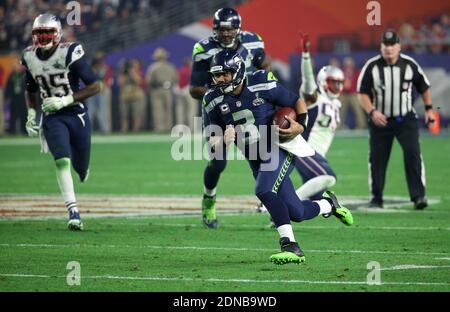 Russell Wilson. New England Patriots win 28-24 over the Seattle Seahawks  during Super Bowl XLIX at University of Phoenix Stadium in Glendale, AA,  USA on on February 1, 2015. Photo by Lionel