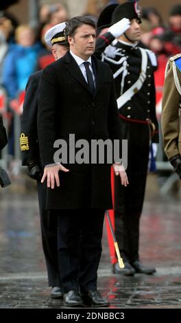 Italian Prime Minister Matteo Renzi stands after laying a wreath at the Altare della Patria (Tomb of the Unknown Soldier) with newly elected President, Sergio Mattarella on February 3, 2015 in Rome, Italy. Sergio Mattarella, a constitutional court judge, was sworn in today as Italy's new president. Photo by Eric Vandeville/ABACAPRESS.COM
