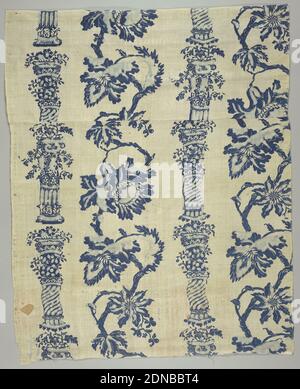 Textile, Medium: cotton Technique: resist printed, White ground resist printed in two shades of blue with a design of a large flowering vine between pillars., England, 18th century, printed, dyed & painted textiles, Textile Stock Photo