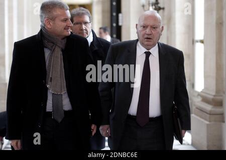 French PS Deputy, Olivier Falorni and UMP MP and mayor of Issy-les-Moulineaux Andre Santini are pictured at the Quatre Colonnes, at National Assembly, during a session of questions to the government, in Paris, France on February 3, 2015. Photo by Stephane Lemouton/ABACAPRESS.COM Stock Photo