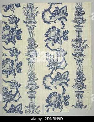 Textile. Panel of white cotton, loosely woven, printed in blue. Design  shows vertical columns decorated with foliage that alternate with a  meandering vine and flower design in a perpendicular arrangement Stock  Photo 