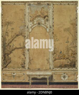 Wall Decoration for the Drawing Room of the Palace of Caserta, Nicola Fiore, Pen and black ink, brush and gouache, watercolor on off-white laid paper, Divided into three panels. In front of the dado of the central panel is a console table. Above is a mirror with a candle bracket with four candles at either side. On top is a panel with a Chinese scene. The lateral panels are intended to have a dado and a rectangularly framed oblong Chinese representation, country scenes at left with small house in upper right of panel and figures, worship of an idol at right. Stock Photo