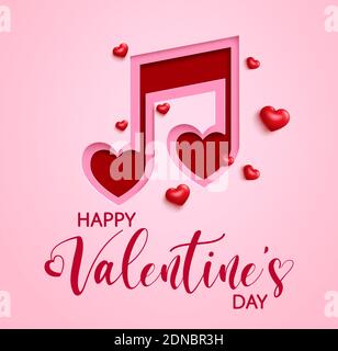 Valentine's music note vector banner background. Happy valentine's day greeting text with musical note shape paper cut element for valentine song. Stock Vector