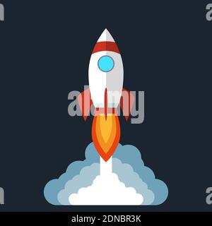 Rocket launches in space and emits smoke isolated on black background. Copy space for design or text. Flat style design vector Stock Vector