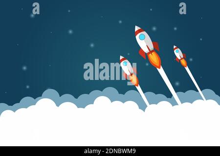 Three rocket launches in space flying over white fluffy clouds. Copy space for design or text. Flat style design vector Stock Vector