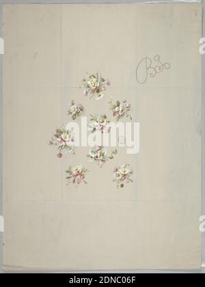 Designs for Wallpaper and Textiles: Flowers, Brush and gouache, graphite on cream paper, Eight clusters of daisies evenly spaced, facing different directions with foliage. Clusters arranged in the beginnings of a diamond shape. Vertical rectangular guidelines in graphite are visible., France, 19th century, wallpaper designs, Drawing Stock Photo