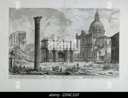 Arch of Septimius Severus from 'Vedute di Roma', Giovanni Battista Piranesi, Italian, 1720–1778, Etching, Horizontal Rectangle. Arch of Septimus Severus in center at mid-distance. Right: the church, SS Martina e Lucca; left foreground, column of PHOCAS; lower right, 'Piranesi Architetto fec.'; title, in center; text along left margin: 'Erario antic ... al campidoglio'. Lower right: 'Presso l'autore a Strada Felice...a paoli due e mezzo'., Italy, 1759, Print Stock Photo