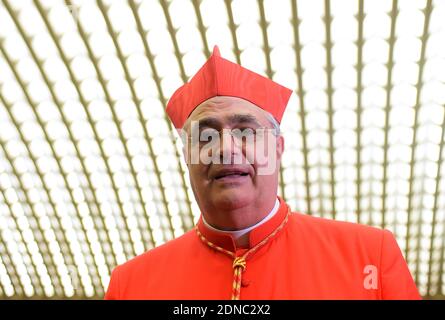 Pope Francis appoints new cardinal Jose Luis Lacunza Maestrojuan of Panama during a ceremony at the Vatican City, Vatican, Italy, on February 14, 2015. Pope Francis elevated 20 Roman Catholic bishops and archbishops to the rank of cardinal at a consistory ceremony in St. Peter's Basilica at the Vatican City, Vatican, Italy, on February 14, 2015. Fifteen of the new cardinals are under the age of 80 and known as 'cardinal electors.' Among those taking part in the ceremony at the Vatican's St Peter's Basilica was retired German Pope Benedict XVI. Photo by Eric Vandeville /ABACAPRESS.COM Stock Photo