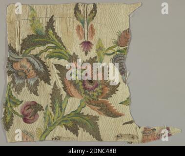 Fragment, Medium: silk, metallic thread Technique: embroidered, Fragment with a design of large flowers, leaves and stems embroidered in shades of red, purple, blue, and green with metallic thread on a ground of cream-colored silk woven in a horizontal chevron pattern., France, 18th century, embroidery & stitching, Fragment Stock Photo