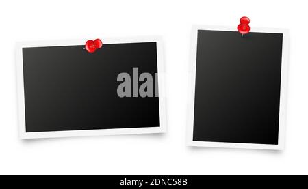 Realistic blank photo card frame, film set. Retro vintage photograph with red push pins. Digital snapshot image. Template or mockup for design. Vector Stock Vector