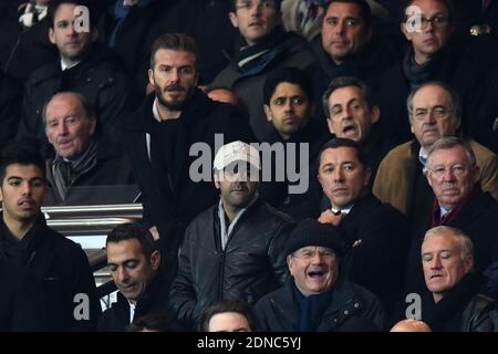 Michel Platini, David Beckham, Sir Alex Ferguson, Pierre Niney, Jamel Debbouze, Didier Deschamps, Youri Djorkaeff attending the UEFA champions League fourth round soccer match, Paris Saint-Germain Vs Chelsea FC at Parc des Princes stadium in Paris, France on February 17, 2015. The match ended in a 1-1 draw. Photo by Laurent Zabulon/ABACAPRESS.COM Stock Photo