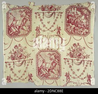 Textile, Medium: cotton Technique: block printed on plain weave, Two framed pictures with cut-off corners with central figure representing Liberty or France. Two reds, mauve and faint evidence of blue. There is a partial chef on 'A'., Bordeaux area, France, 1790s, printed, dyed & painted textiles, Textile Stock Photo